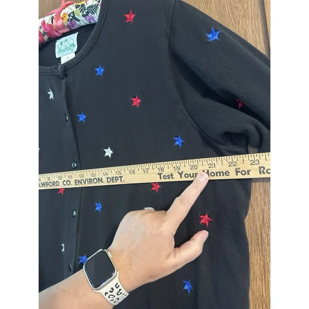 Vintage The Quaker Factory 1x black cardigan embrodiered stars USA 100% cotton - Picture 5 of 7